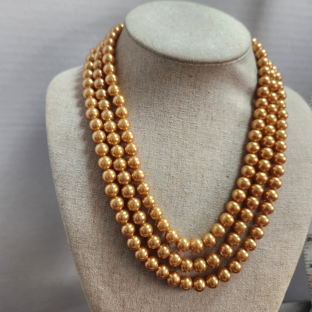 Very long Golden Champagne Faux Pearl Statement Necklace Vintage‎ Style